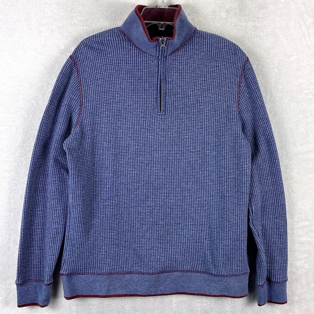 Robert Graham 1/4 Zip Pullover Sweater Men M Blue Burgundy Waffle Knit Preppy
